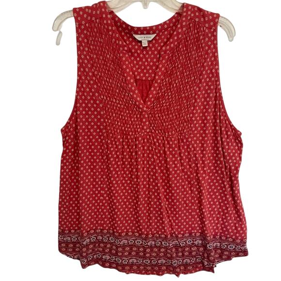 Lucky Brand Smocked Border Tank Womens XL Muted Red Geo Boho Sleeveless Top - Picture 1 of 6